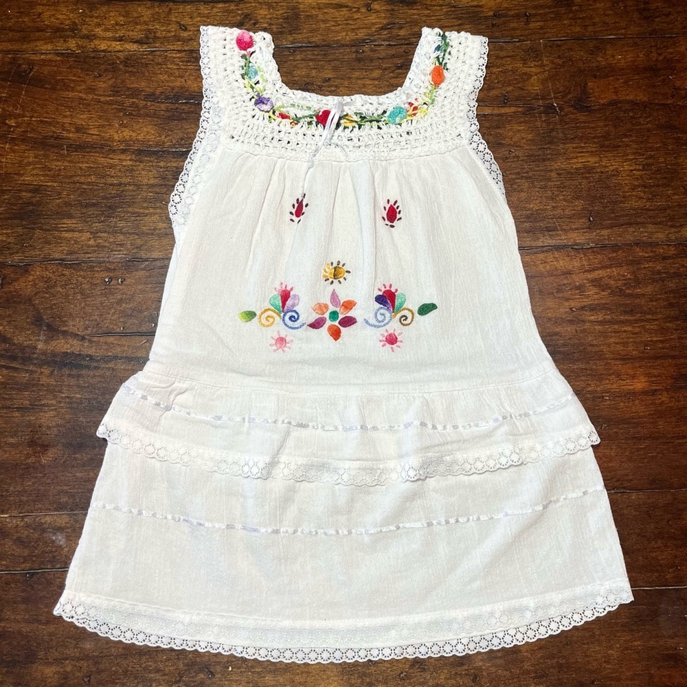 Girls White Multicolor Embroidered Crochet Floral Dress Sz 5 Boho Mexican Folk